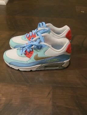 Nike Airmax  Light Blue Mint White Sneakers with Gold Swoosh and Coral Accents